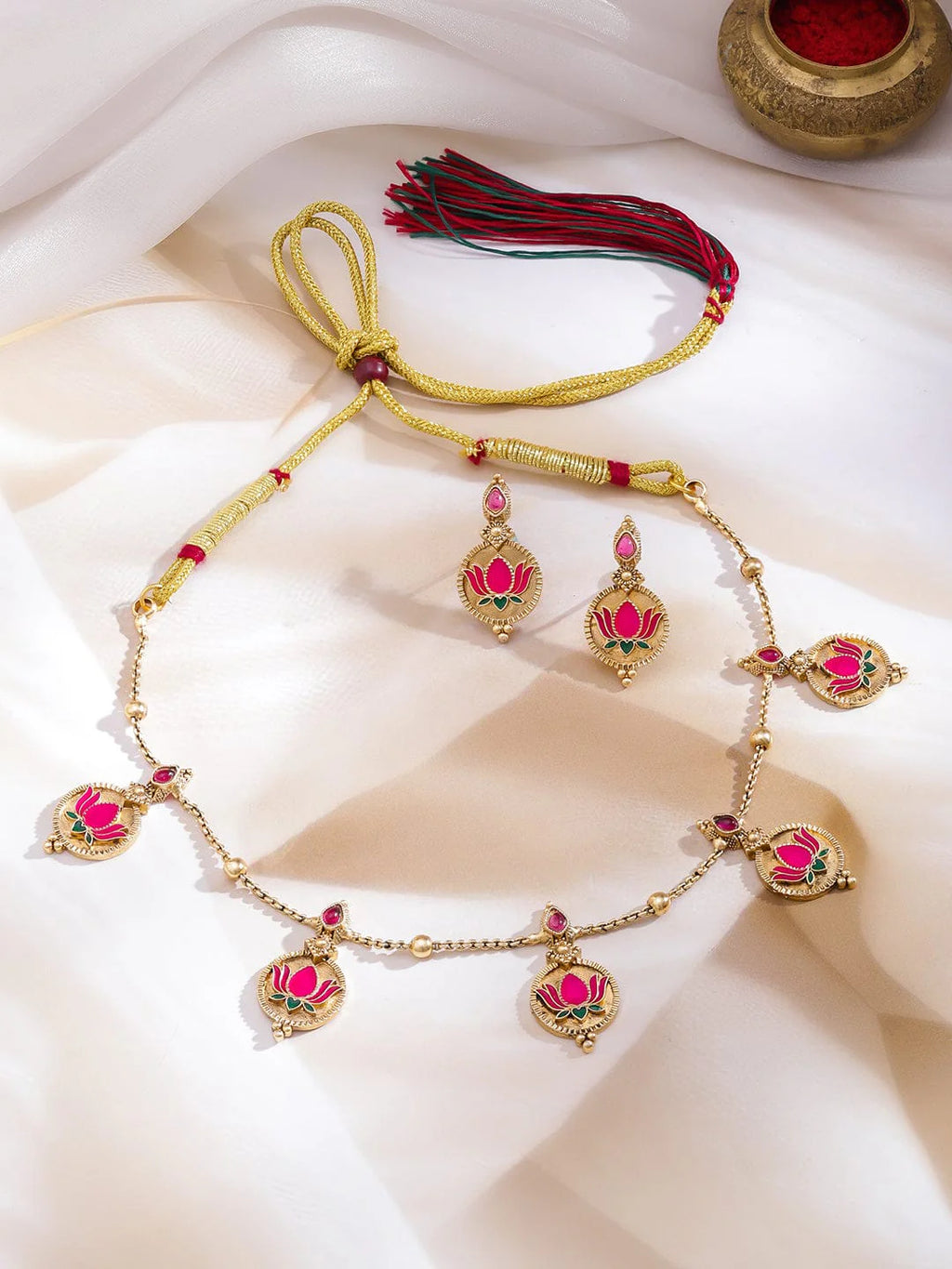 22K Gold-Plated Pink Lotus Enamel Necklace Set with Matching Earrings