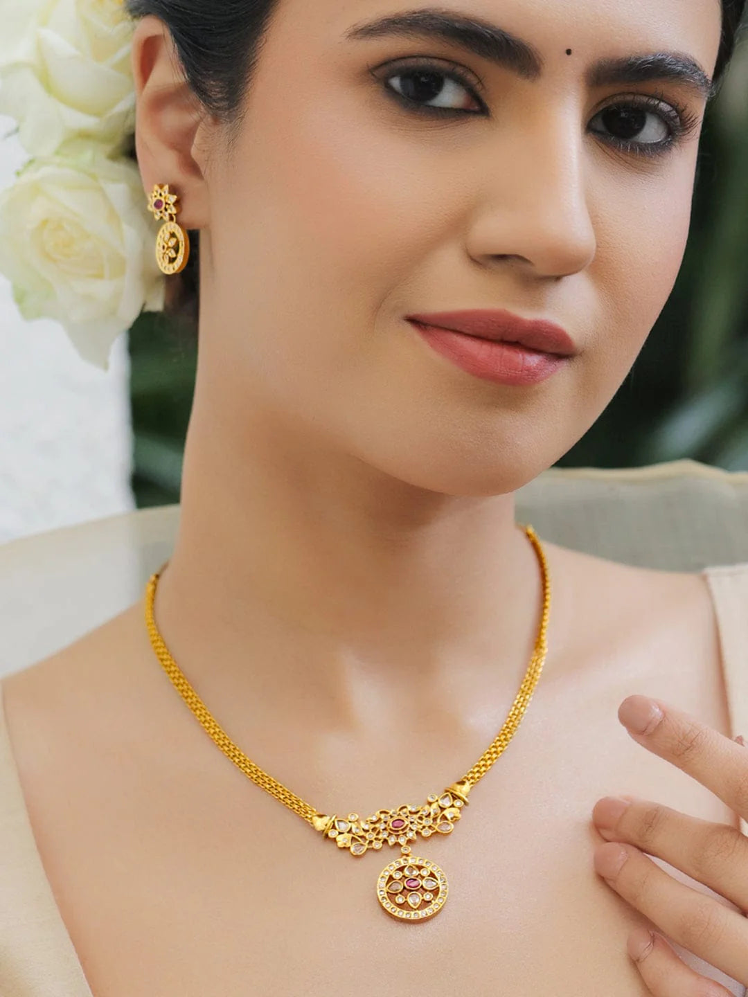 22K Gold-Plated Ruby & Cubic Zirconia Studded Pendant Necklace Set with Earrings