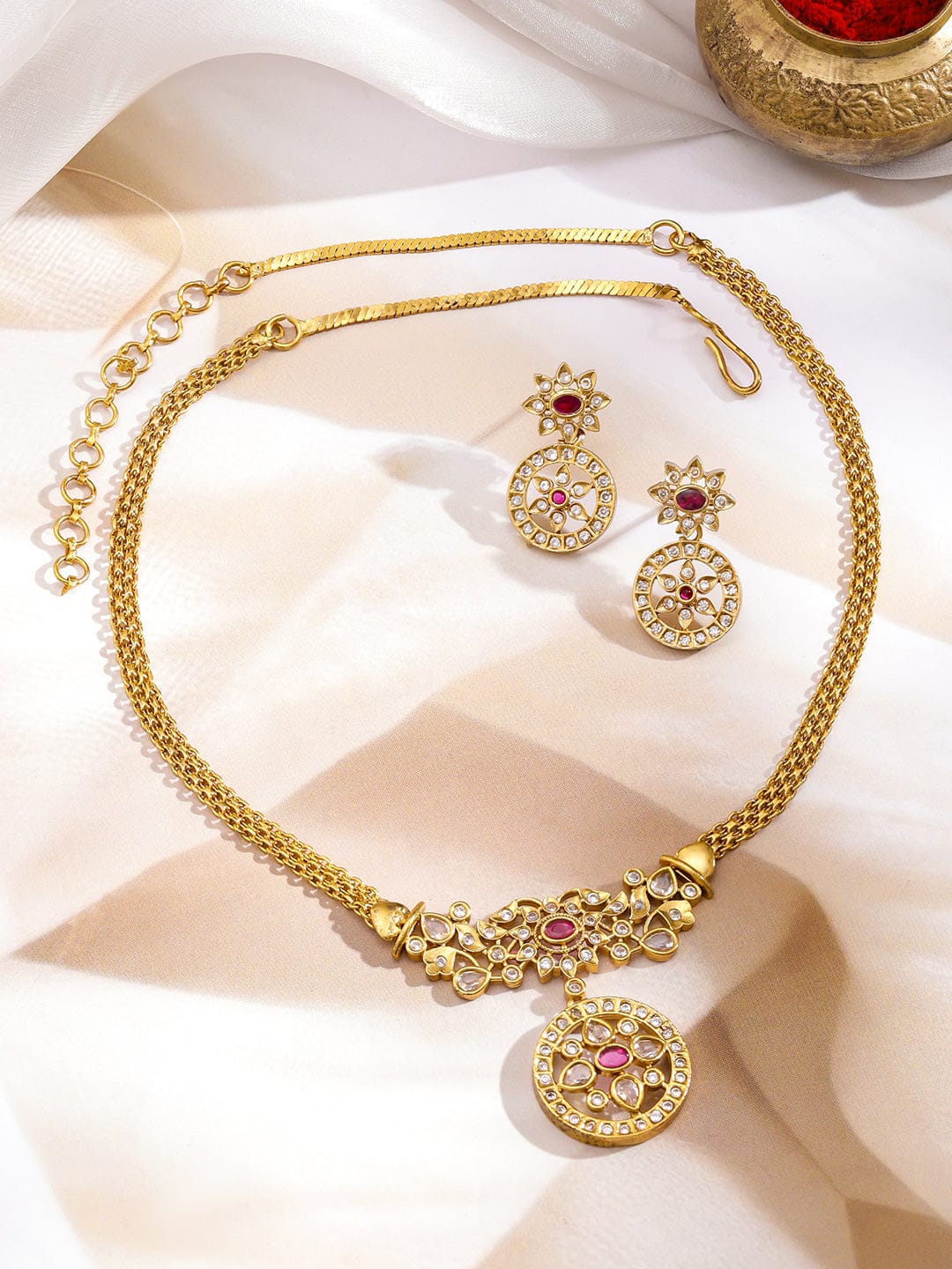 22K Gold-Plated Ruby & Cubic Zirconia Studded Pendant Necklace Set with Earrings