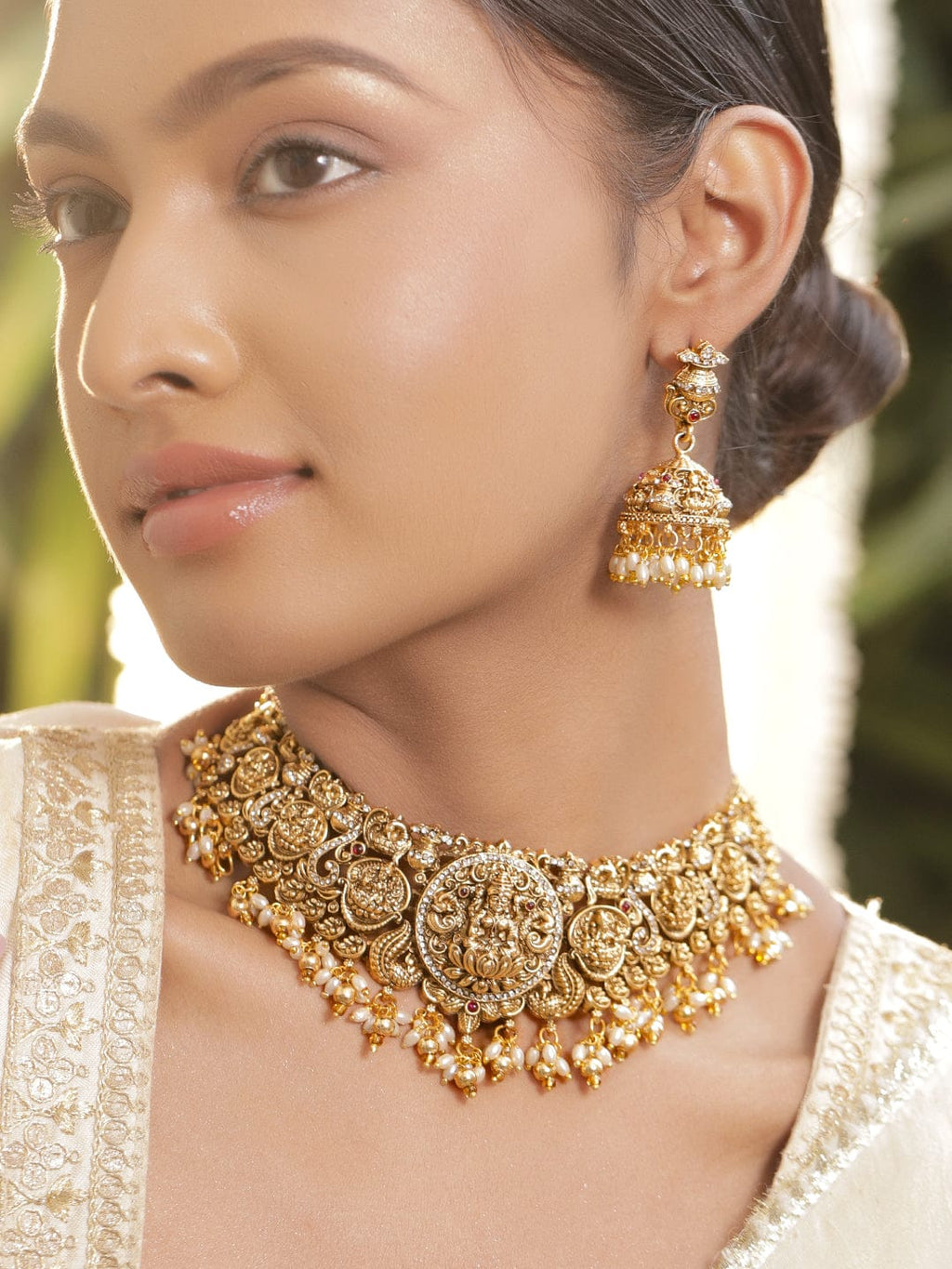 22K Gold-Plated Ruby, CZ Studded Temple Choker Necklace Set with Pearl Beads