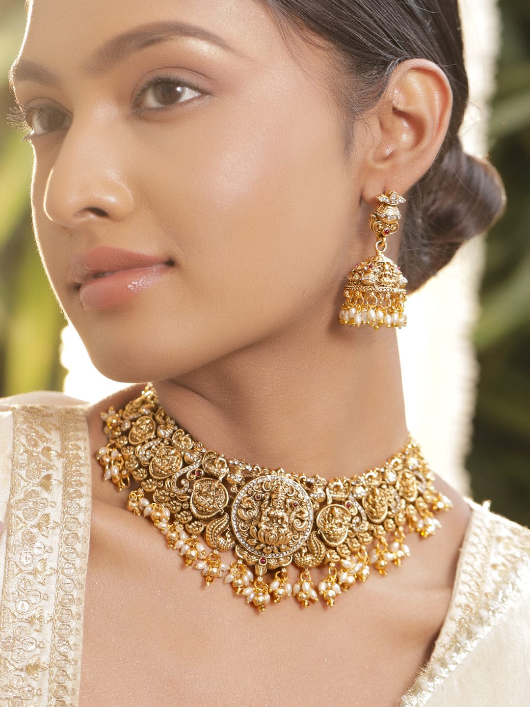 22K Gold-Plated Ruby, CZ Studded Temple Choker Necklace Set with Pearl Beads