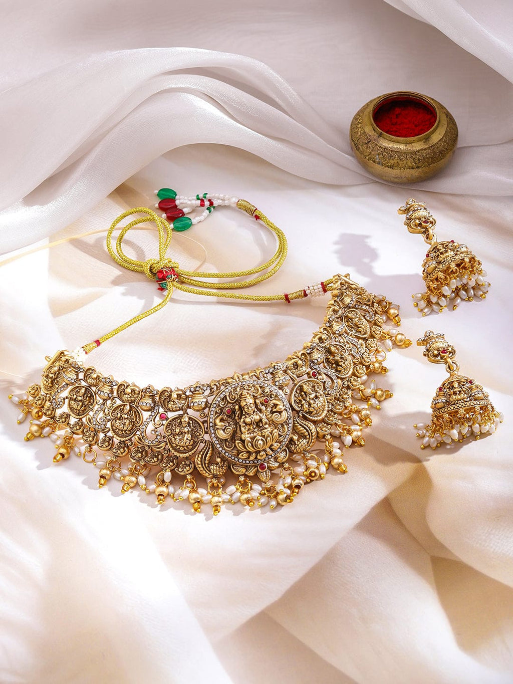 22K Gold-Plated Ruby, CZ Studded Temple Choker Necklace Set with Pearl Beads