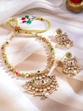 22K Gold-Plated Ruby, Emerald Green & Kundan Necklace Set with Pearl & Beaded Details