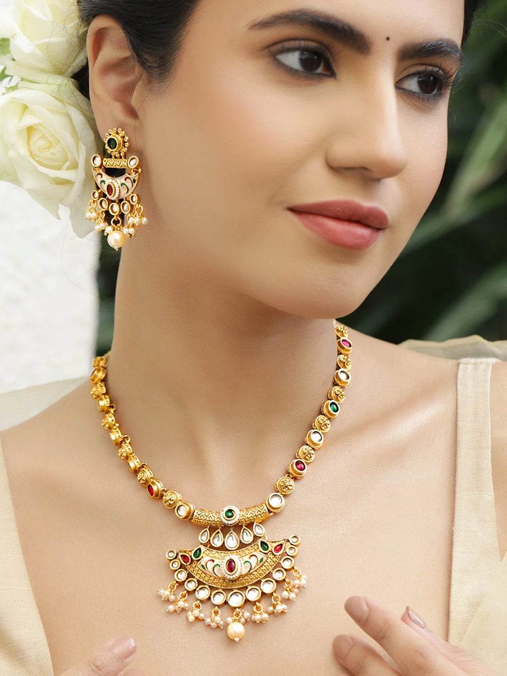 22K Gold-Plated Ruby, Emerald Green & Kundan Necklace Set with Pearl & Beaded Details