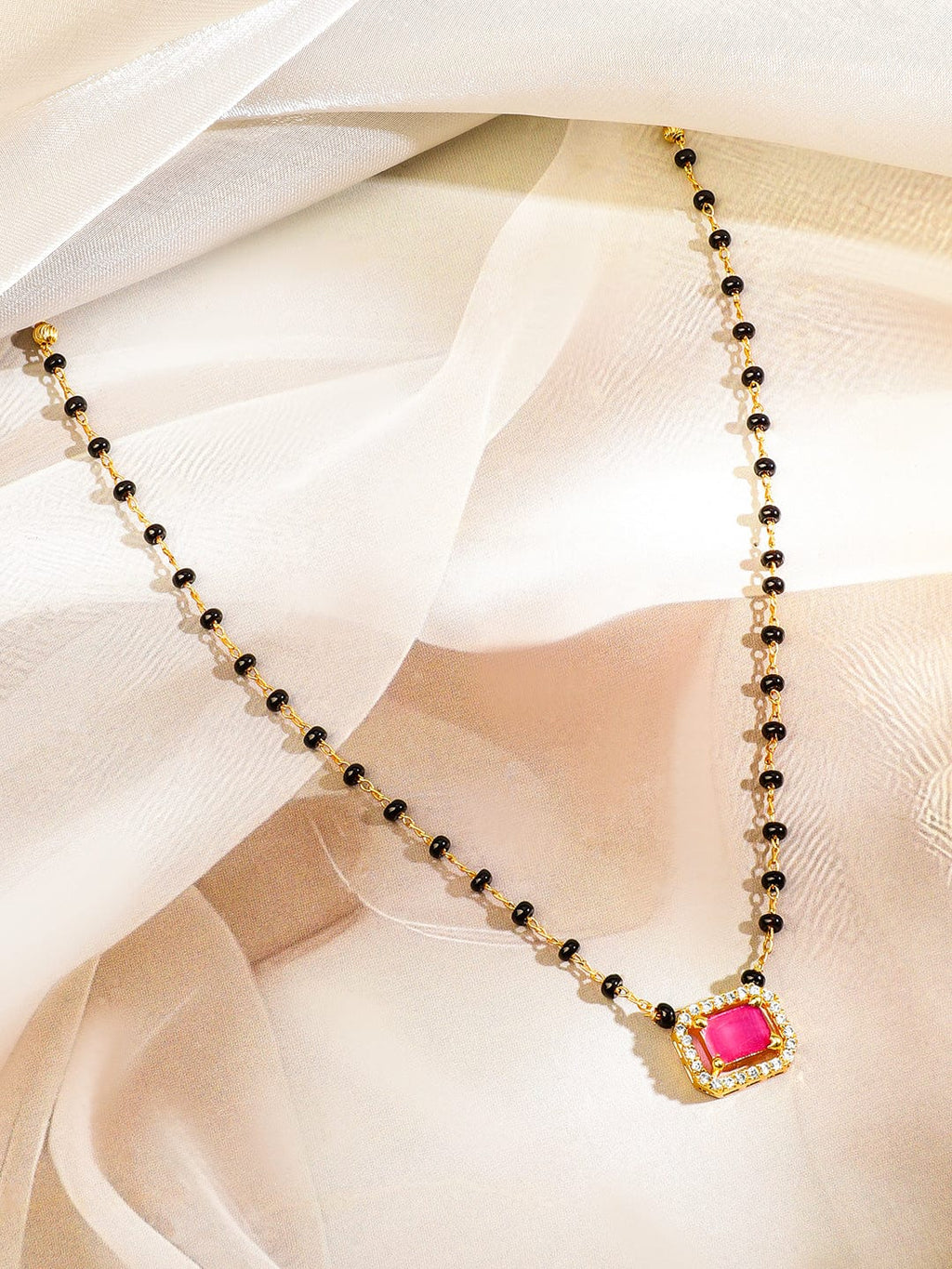 22K Gold-Plated Ruby Pink & Cubic Zirconia Stone Studded Mangalsutra with Black Beaded Chain