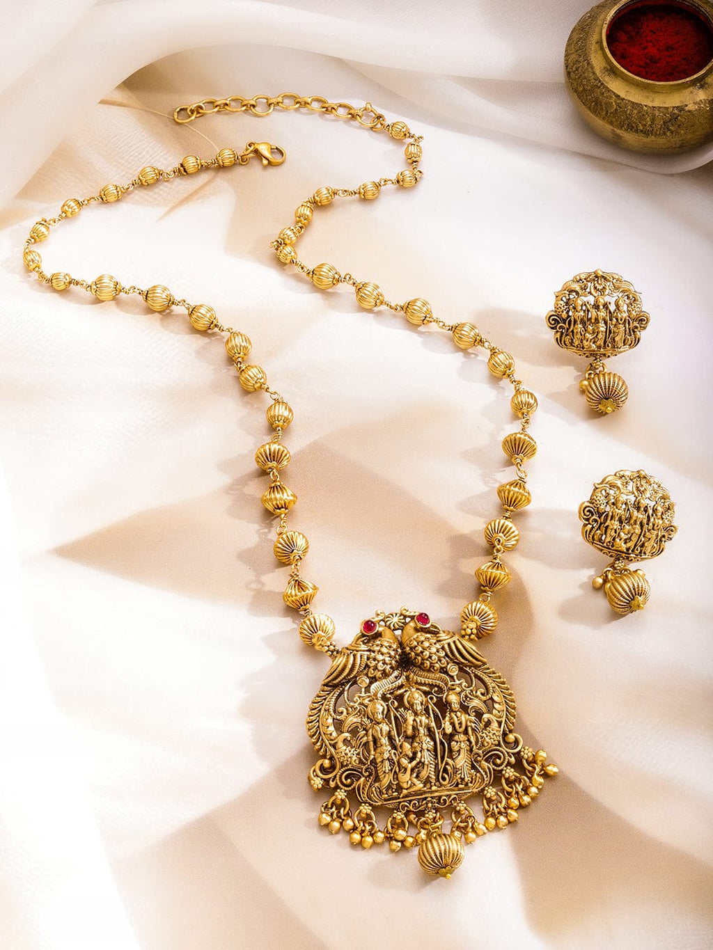 22K Gold-Plated Ruby Studded God & Peacock Motifs Golden Beaded Temple Necklace Set