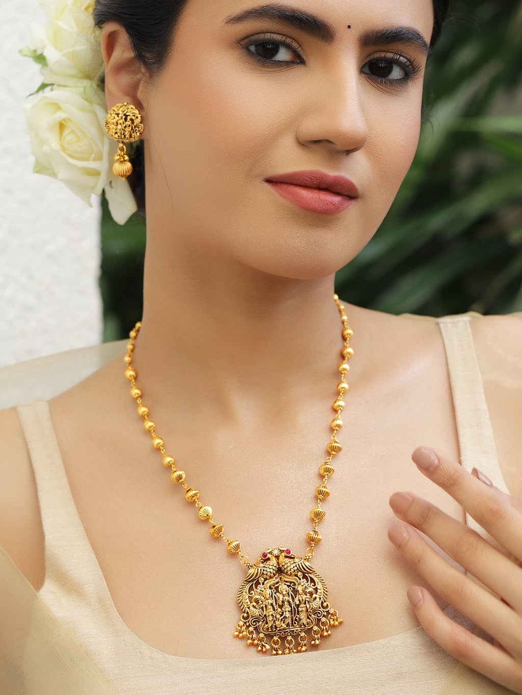 22K Gold-Plated Ruby Studded God & Peacock Motifs Golden Beaded Temple Necklace Set