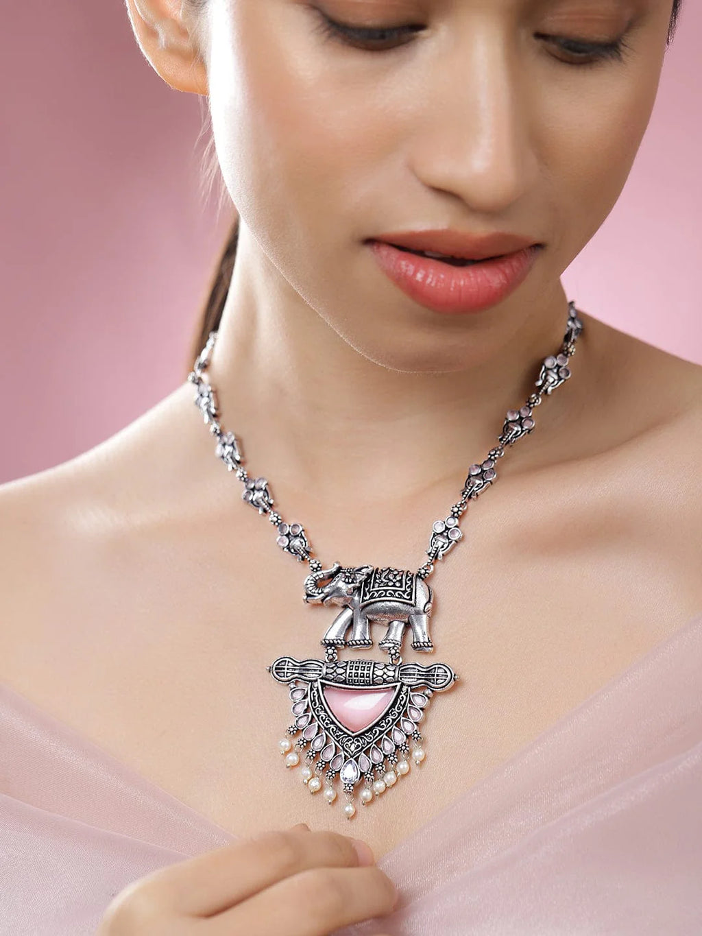 Oxidised Silver-Plated Statement Necklace with Elephant Motif, Pink Enamel & Pearl Detailing