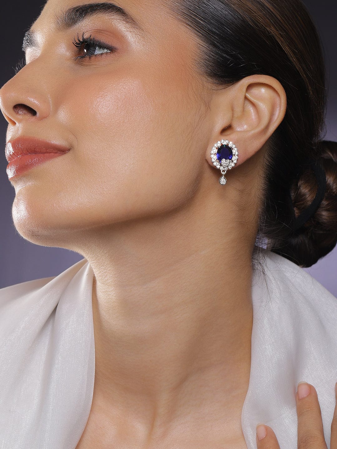 Rhodium-Plated Blue Sapphire & White Cubic Zirconia Studded Oval Statement Earrings with Drop Detailing