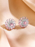 Rhodium-Plated Blush Pink Stone & White Cubic Zirconia Studded Sunburst Floral Stud Earrings