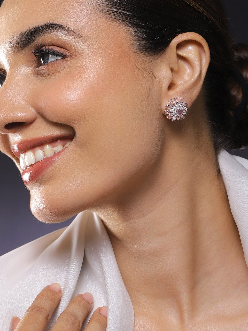 Rhodium-Plated Blush Pink Stone & White Cubic Zirconia Studded Sunburst Floral Stud Earrings