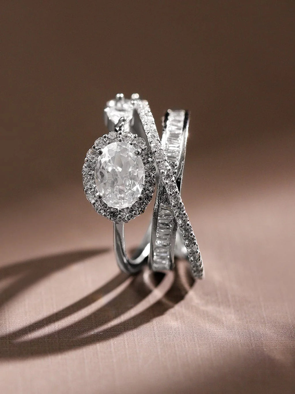 Rhodium Plated Cubic Zirconia Studded Adjustable Ring