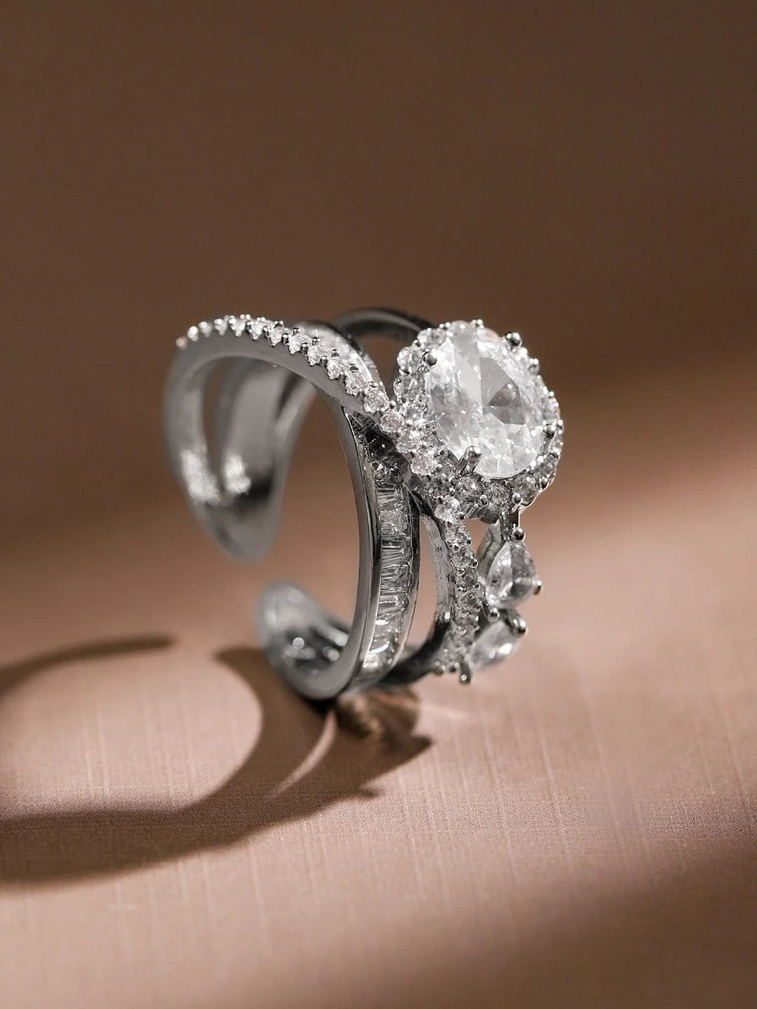 Rhodium Plated Cubic Zirconia Studded Adjustable Ring