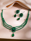 Rhodium-Plated Emerald Green Crystal Stone & Cubic Zirconia Studded Multilayer Glamorous Statement Necklace Set