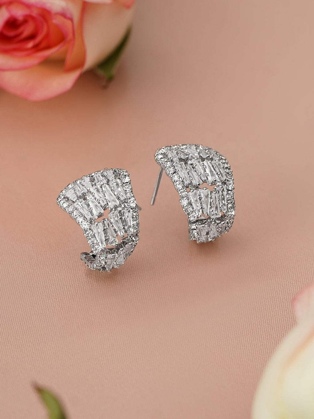 Rhodium-Plated Half Hoop Earrings with Baguette & Round Cubic Zirconia Studs