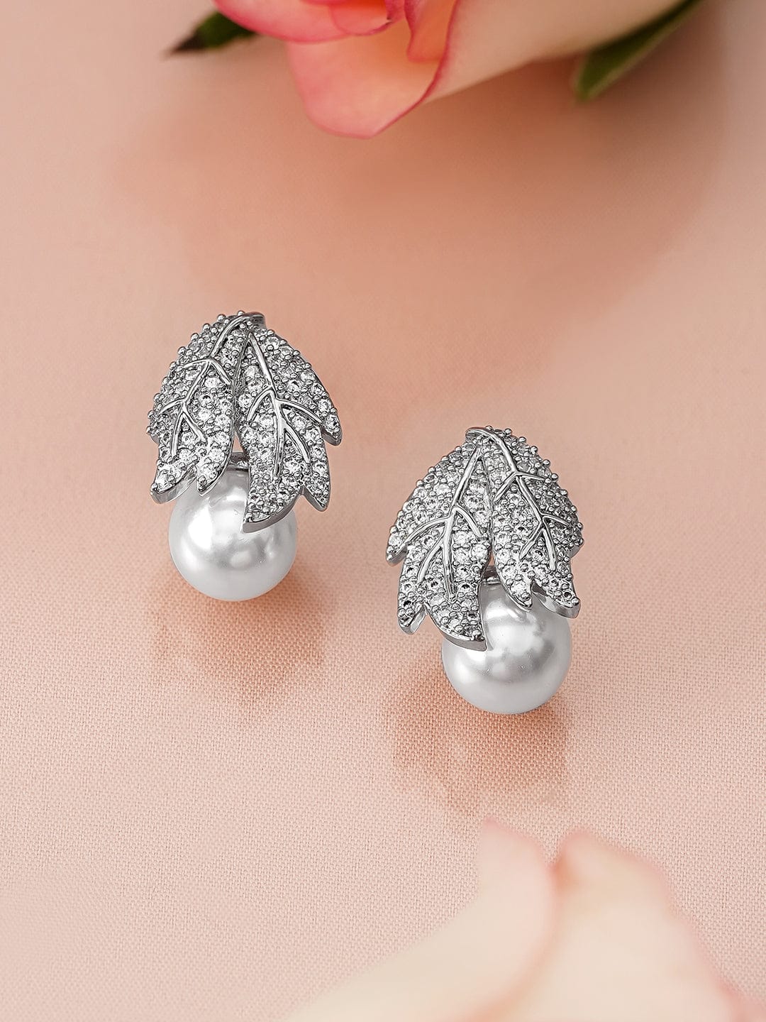 Rhodium-Plated Leaf Design Cubic Zirconia & Pearl Stud Earrings