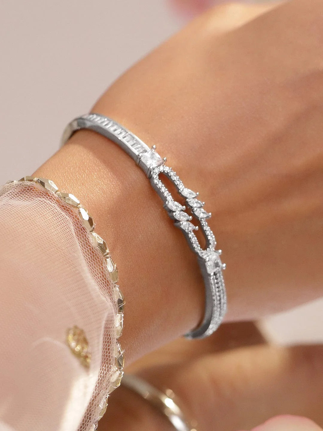 Rhodium-Plated Open-Link Bracelet with Marquise & Baguette Cubic Zirconia Accents