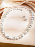 Rhodium-Plated Pearl & Cubic Zirconia Classic Necklace Set with Earrings