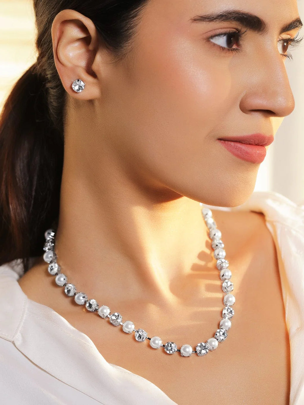 Rhodium-Plated Pearl & Cubic Zirconia Classic Necklace Set with Earrings