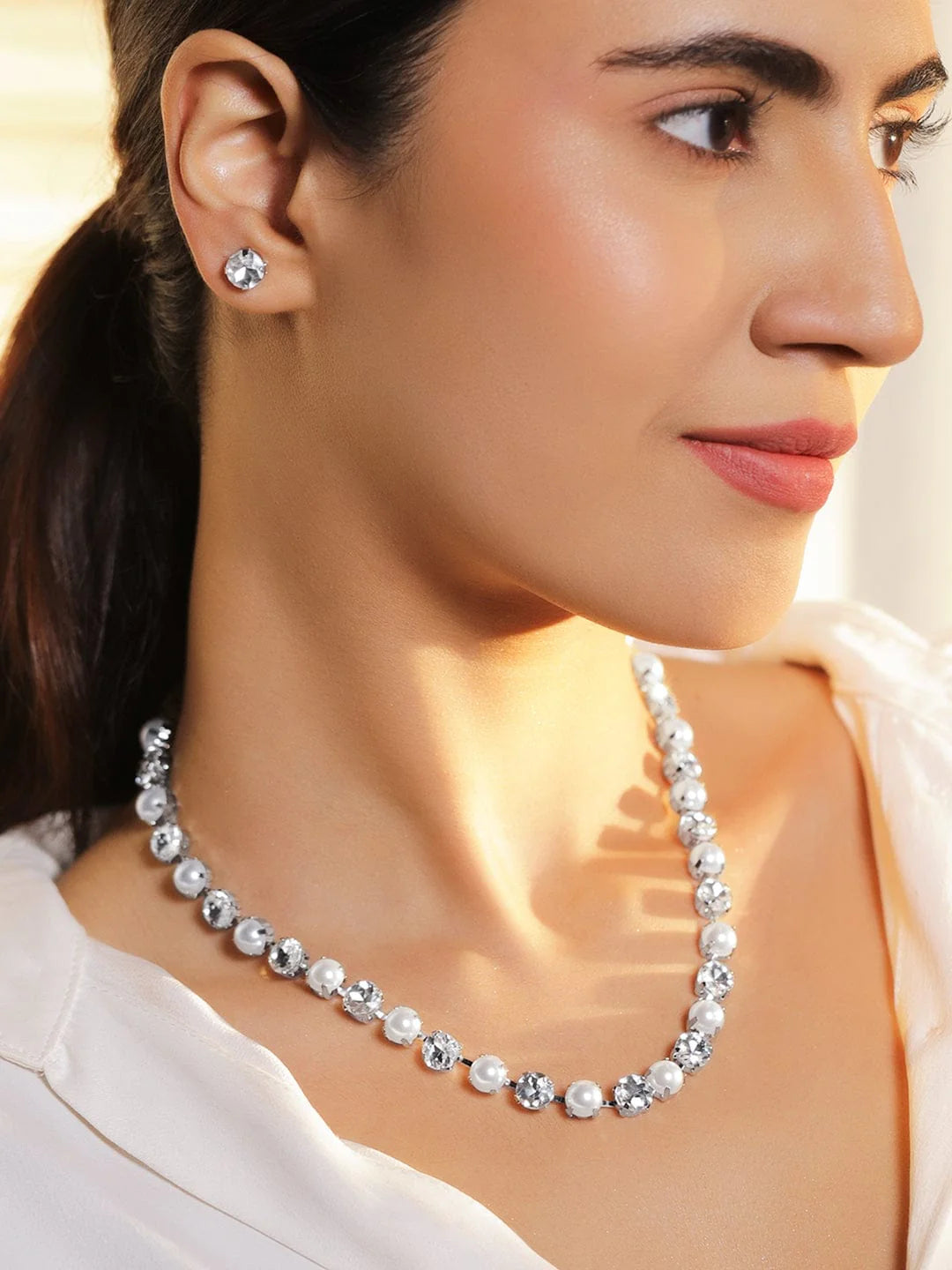 Rhodium-Plated Pearl & Cubic Zirconia Classic Necklace Set with Earrings