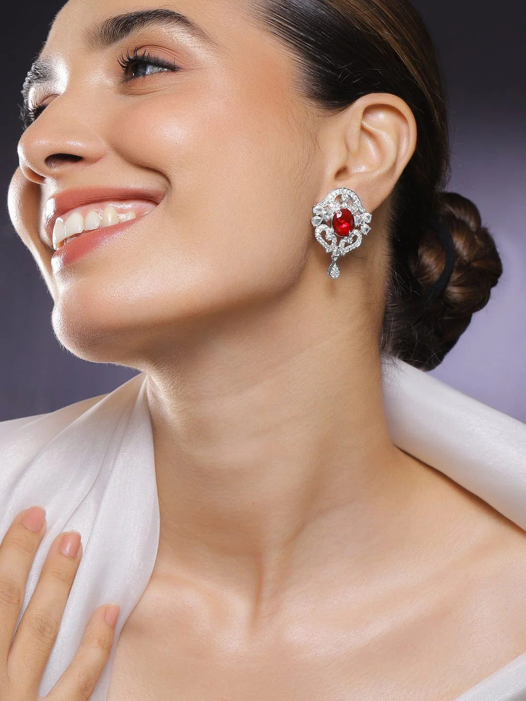 Rhodium-Plated Ruby Red Stone & White Cubic Zirconia Studded Classic Drop Earrings