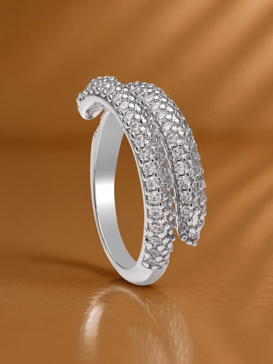 Rhodium-Plated Stainless Steel Tarnish-Free Waterproof Adjustable Ring with Cubic Zirconia Studded Dual-Band Design