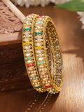 Set of 2 18K Gold-Plated Multi-Coloured Stones & Mini Pearl Studded Patterned Bangles