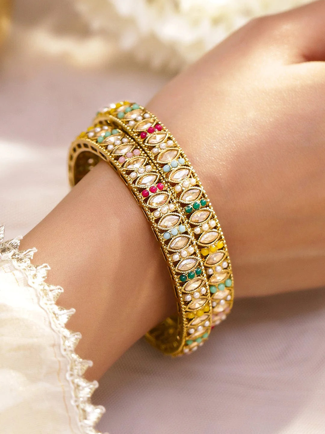 Set of 2 18K Gold-Plated Multi-Coloured Stones & Mini Pearl Studded Patterned Bangles