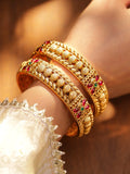 Set of 2 18K Gold-Plated Ruby Pink & Emerald Green Stone Studded Floral Bangles