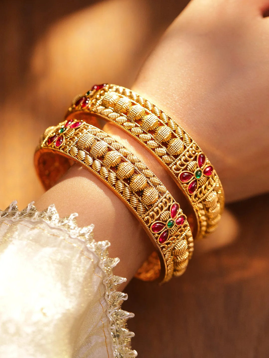 Set of 2 18K Gold-Plated Ruby Pink & Emerald Green Stone Studded Floral Bangles