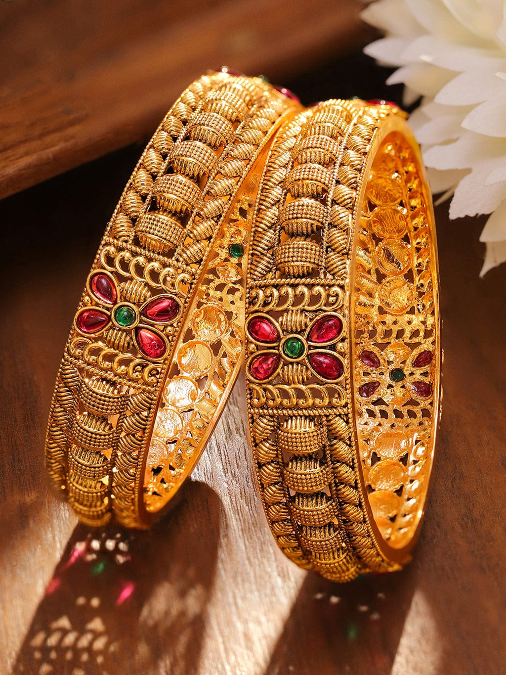 Set of 2 18K Gold-Plated Ruby Pink & Emerald Green Stone Studded Floral Bangles