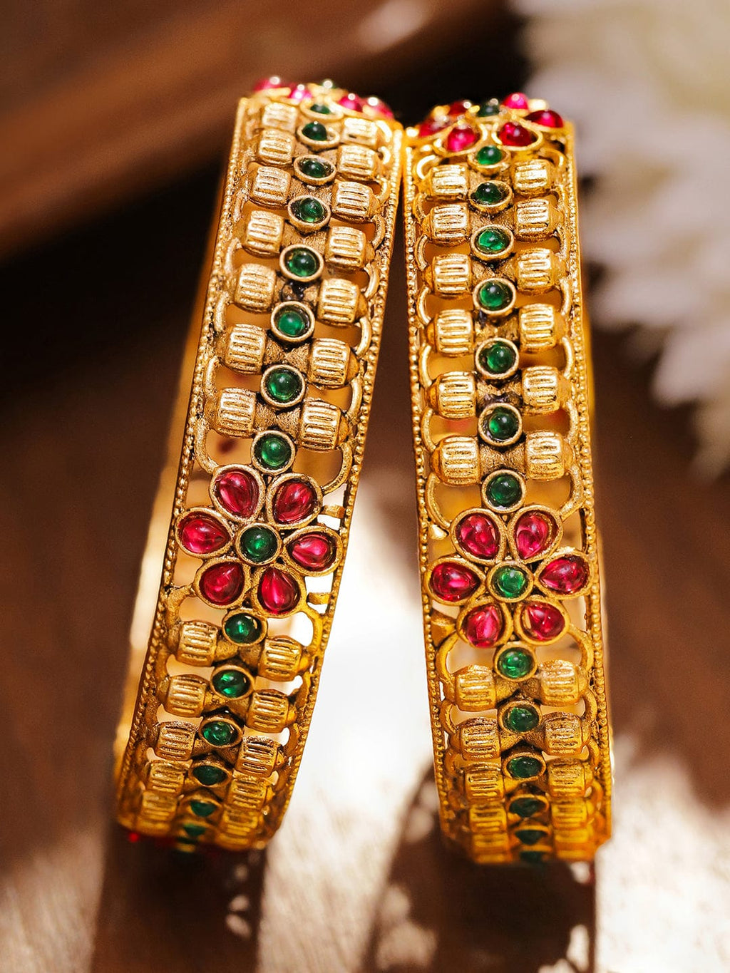 Set of 2 18K Gold-Plated Ruby Pink & Emerald Green Stone Studded Floral Bangles