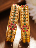 Set of 2 18K Gold-Plated Ruby Pink & Emerald Green Stone Studded Floral Bangles