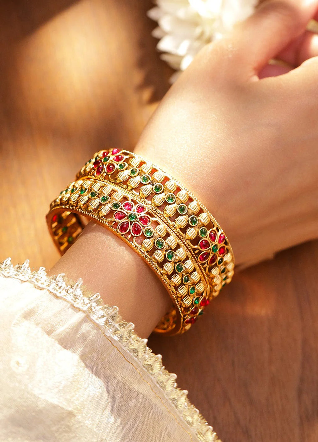 Set of 2 18K Gold-Plated Ruby Pink & Emerald Green Stone Studded Floral Bangles