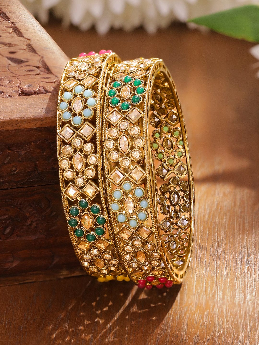 Set of 2 24K Gold-Plated Handcrafted Kundan & Multicolour Beaded Floral Bangles