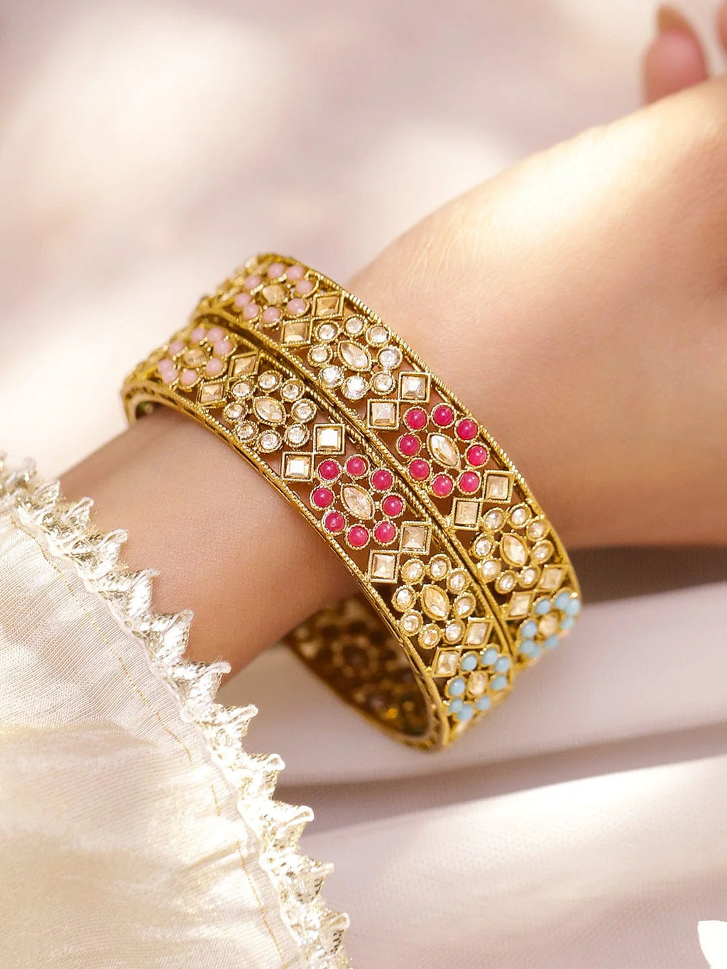 Set of 2 24K Gold-Plated Handcrafted Kundan & Multicolour Beaded Floral Bangles