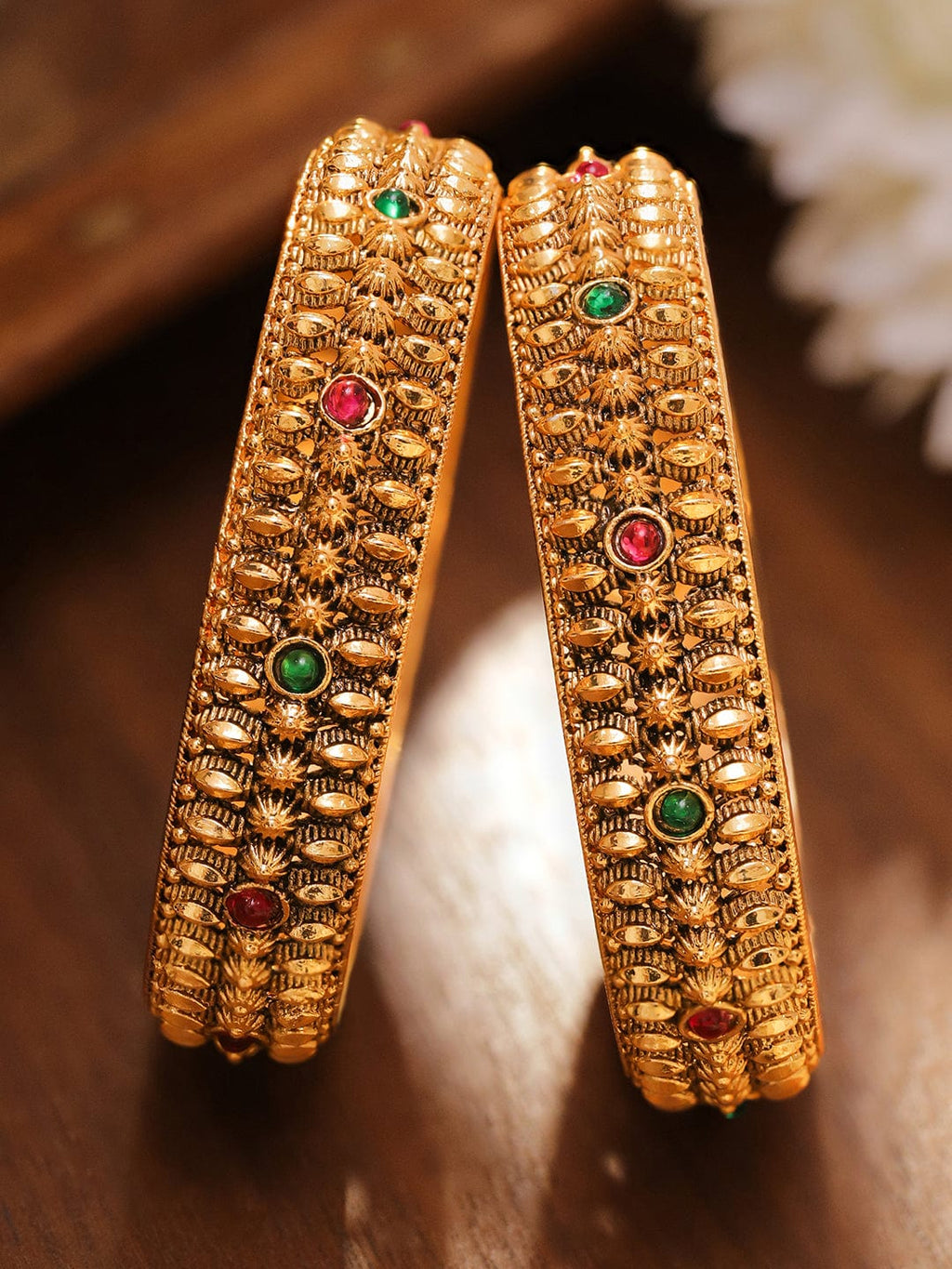 Set of 2 24K Gold-Plated Ruby Red & Emerald Green Studded Golden Beaded Bangles