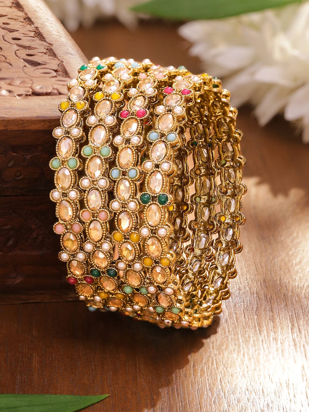Set of 4 Antique 18K Gold-Plated Kundan & Pearl Studded Multi-Color Stone Bangles