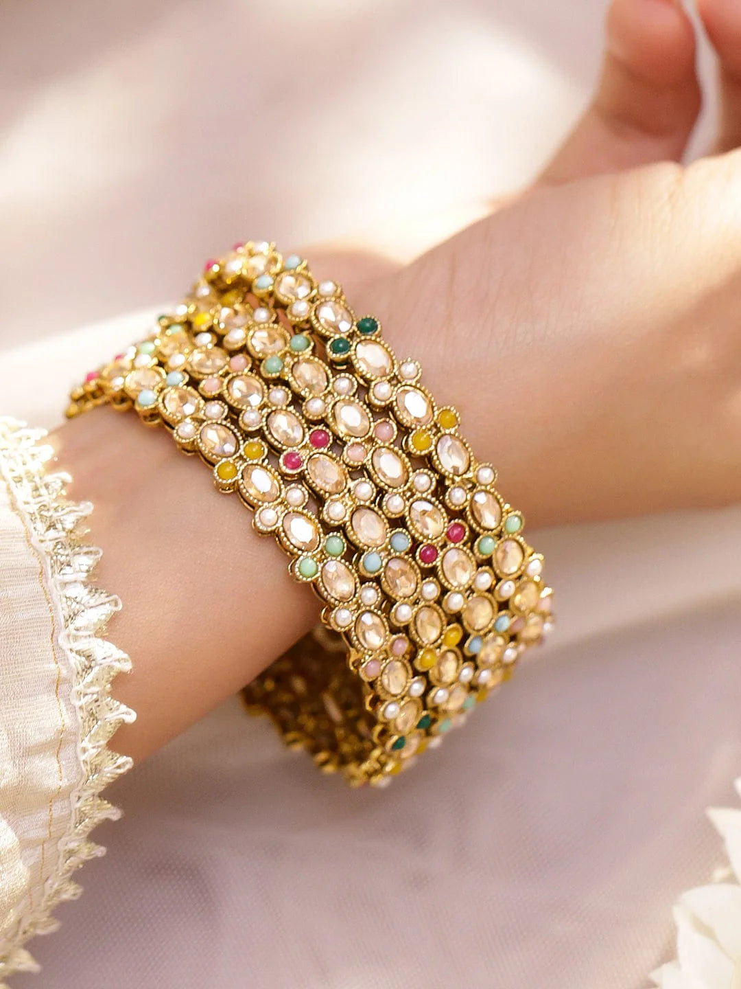 Set of 4 Antique 18K Gold-Plated Kundan & Pearl Studded Multi-Color Stone Bangles