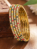 Set of 4 Antique 18K Gold-Plated Multi-Colour Stone & Mini Pearl Studded Handcrafted Bangles