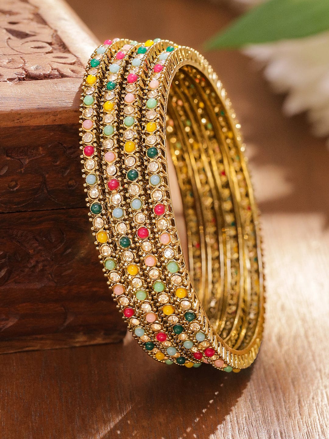 Set of 4 Antique 18K Gold-Plated Multi-Colour Stone & Mini Pearl Studded Handcrafted Bangles