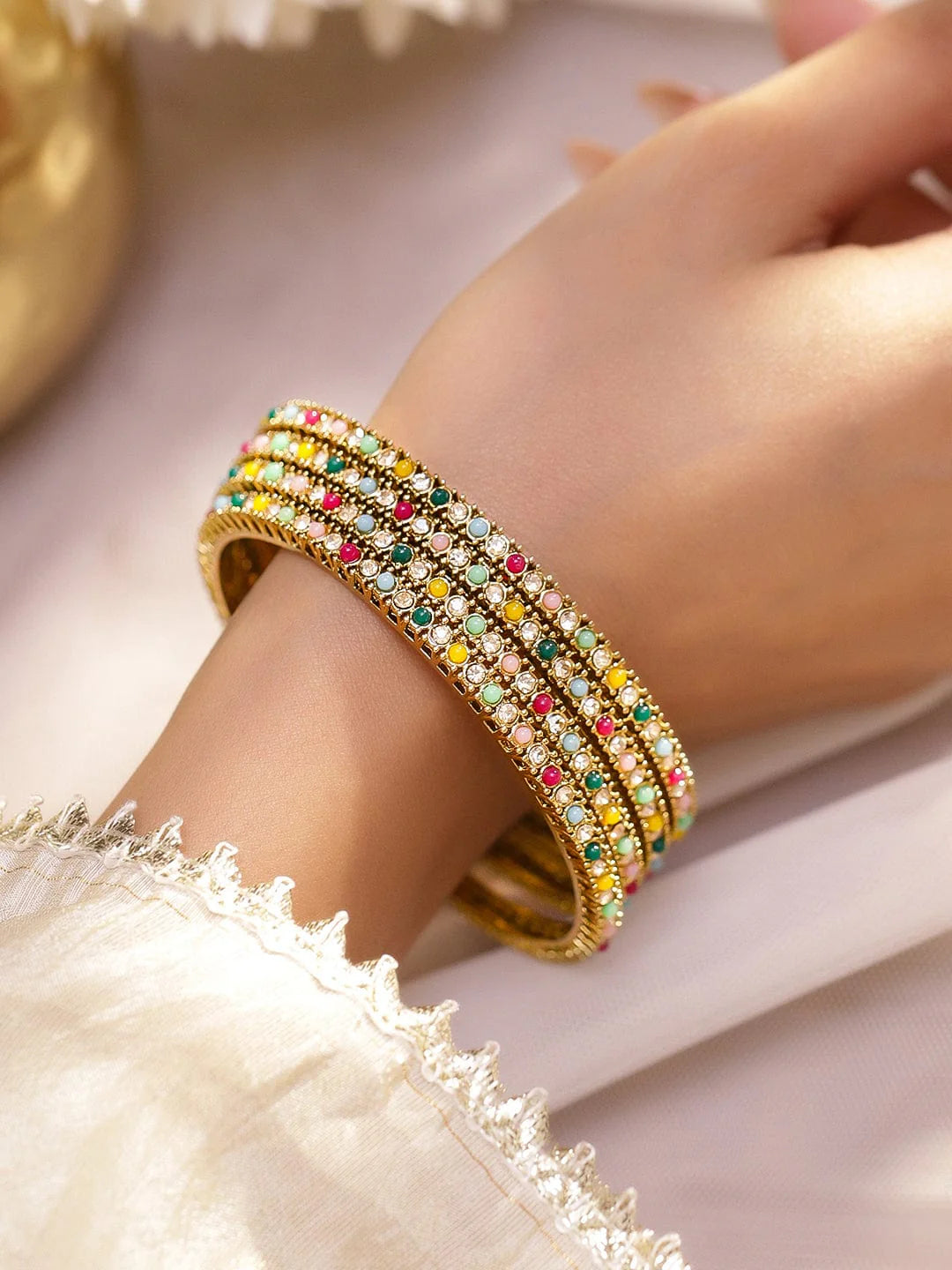 Set of 4 Antique 18K Gold-Plated Multi-Colour Stone & Mini Pearl Studded Handcrafted Bangles