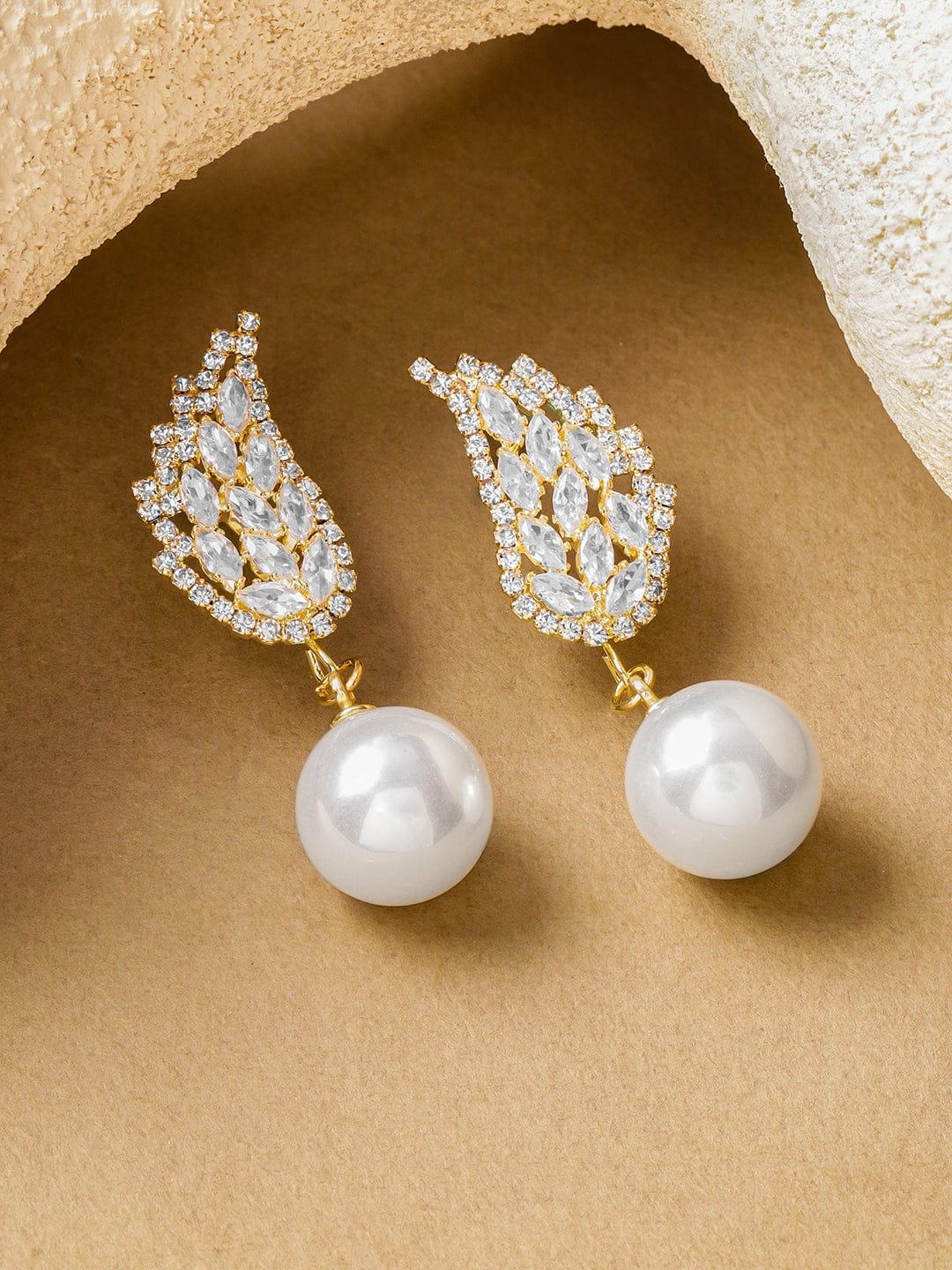 18K Gold-Plated Brass Crystal AD Wing Stud & White Pearl Drop Earrings