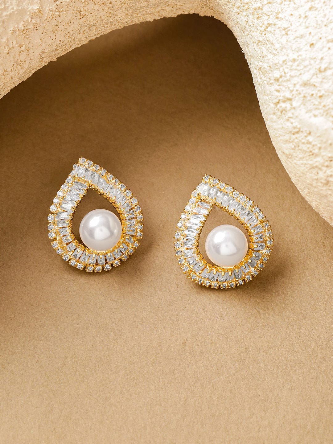 18K Gold-Plated Crystal AD & White Pearl Teardrop Stud Earrings