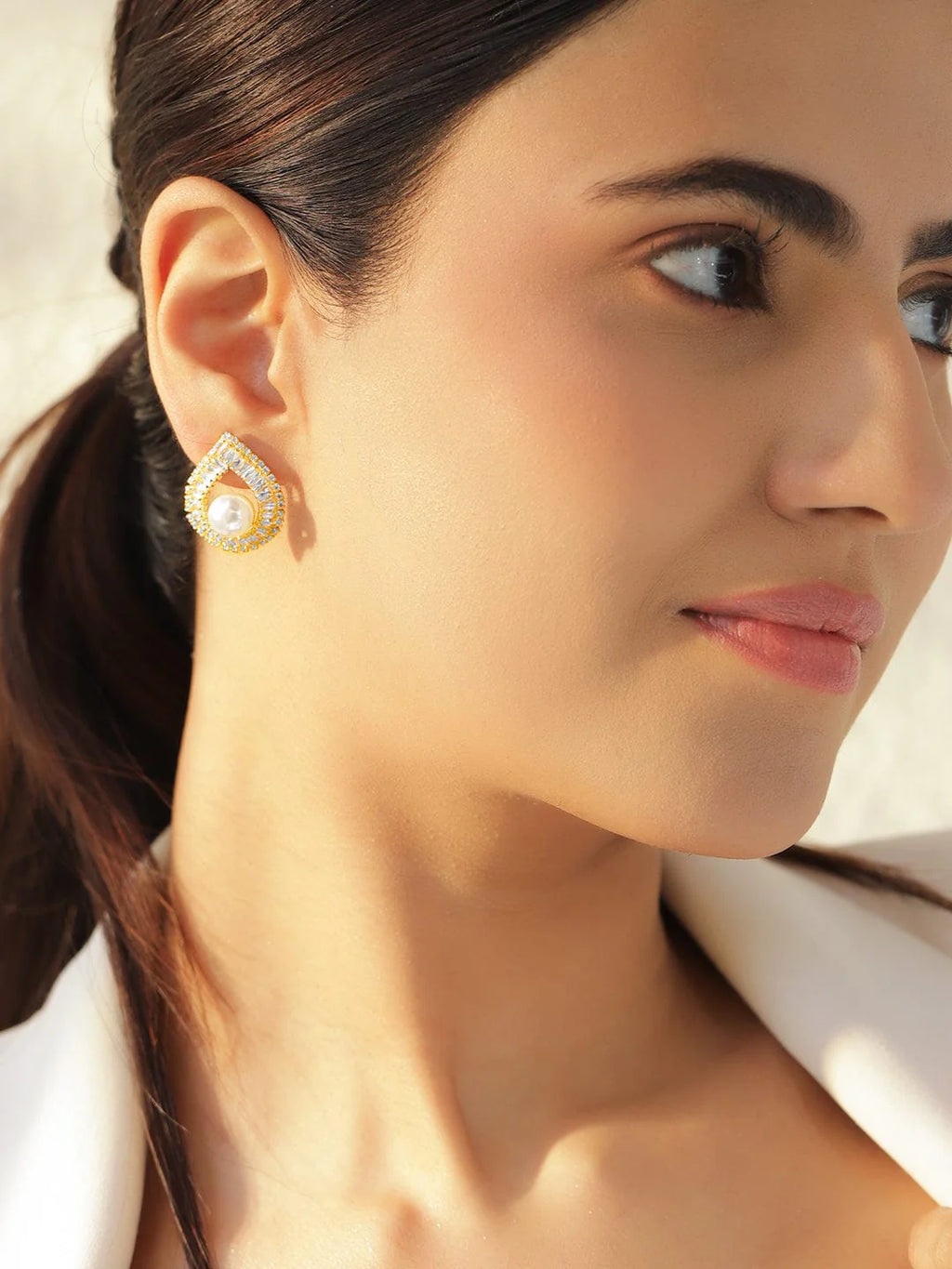 18K Gold-Plated Crystal AD & White Pearl Teardrop Stud Earrings