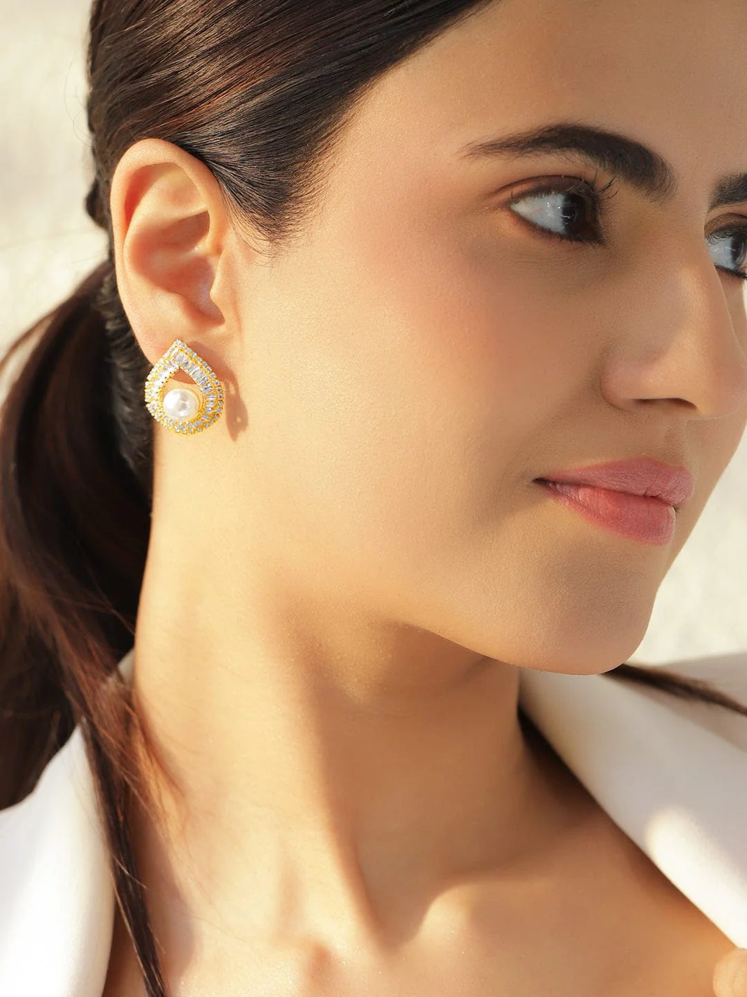 18K Gold-Plated Crystal AD & White Pearl Teardrop Stud Earrings