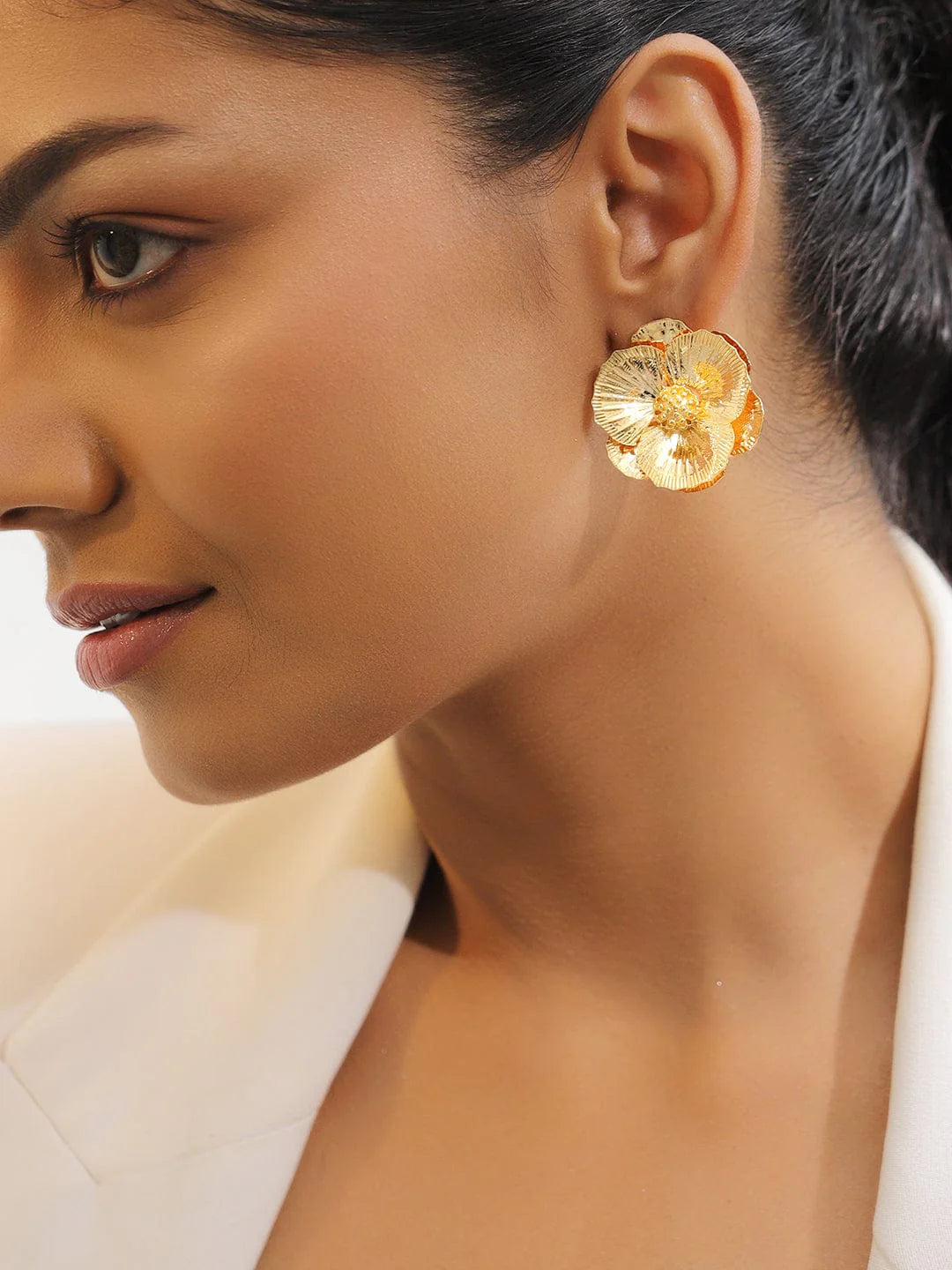 18K Gold-Plated Oversized Floral Textured Statement Stud Earrings