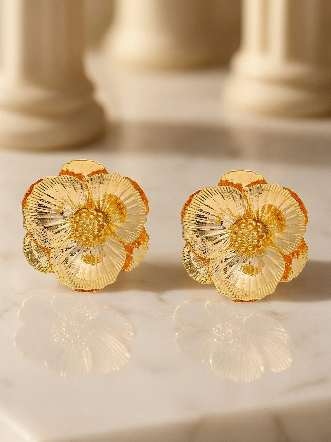 18K Gold-Plated Oversized Floral Textured Statement Stud Earrings