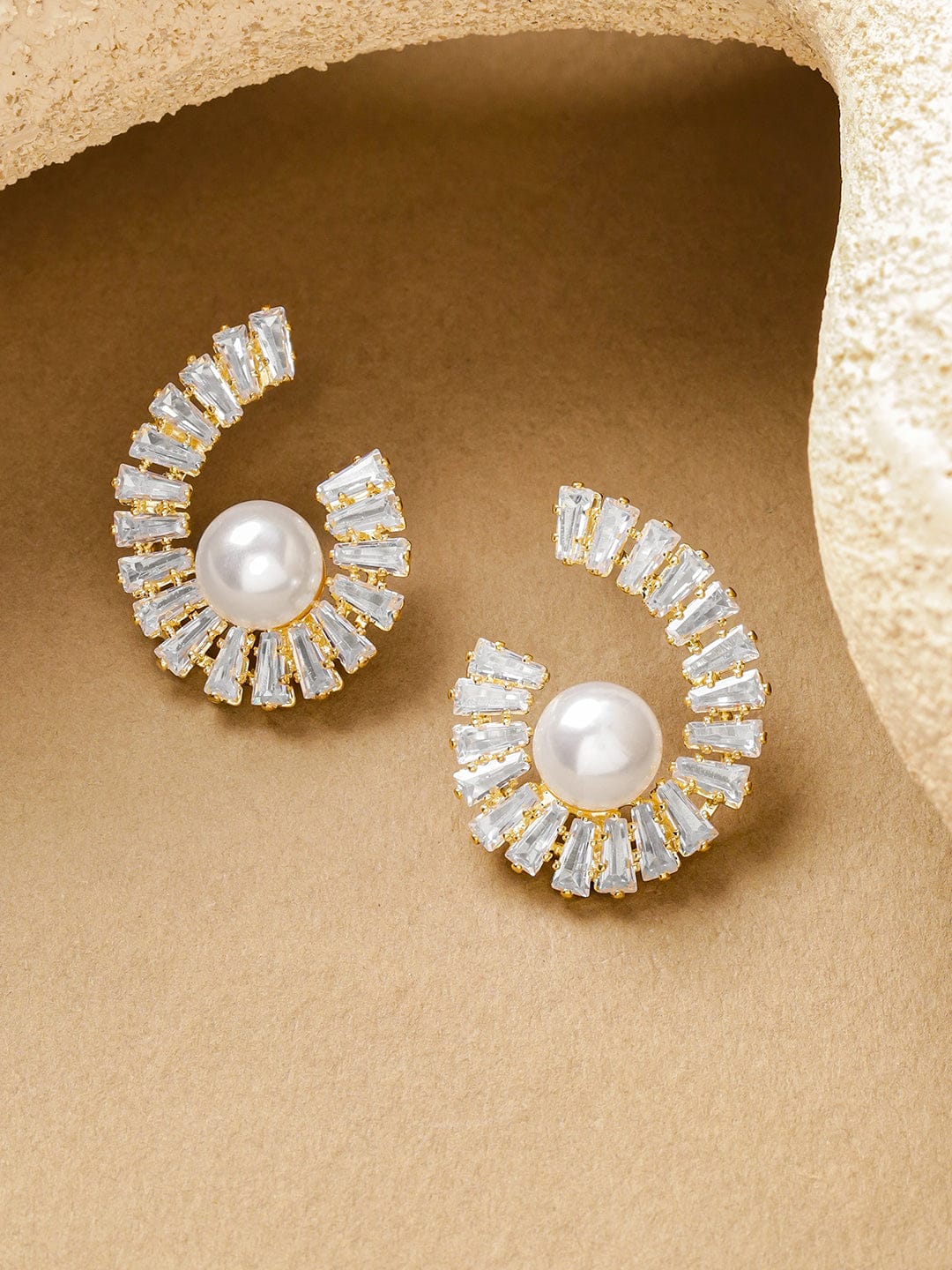 18K Gold-Plated Spiral Crystal AD & White Pearl Stud Earrings