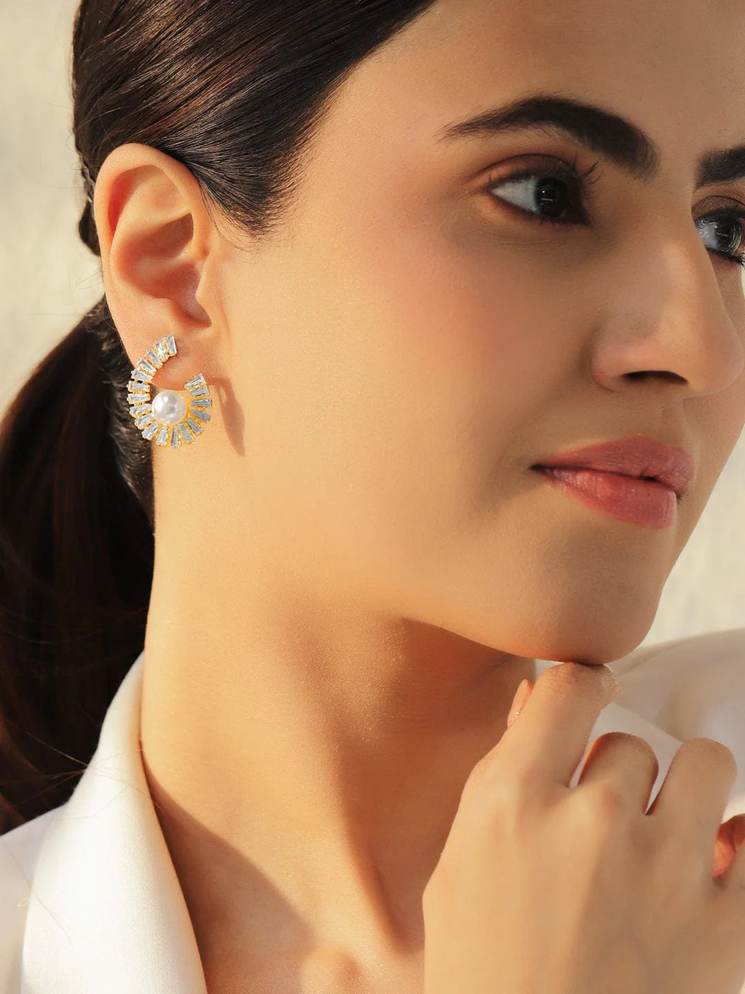 18K Gold-Plated Spiral Crystal AD & White Pearl Stud Earrings